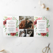 赤面ピンクブルゴーニュフローラフォトコラージュ結婚ズ 三つ折り招待状 (内部)