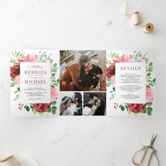 赤面ピンクブルゴーニュフローラフォトコラージュ結婚ズ 三つ折り招待状 (内部)