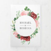 赤面ピンクブルゴーニュフローラフォトコラージュ結婚ズ 三つ折り招待状 (カバー)