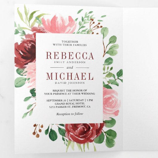 赤面ピンクブルゴーニュフローラフォトコラージュ結婚ズ 三つ折り招待状 (内部最初)