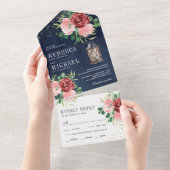 赤面ピンクブルゴーニュフローラランタンネイビー結婚ズ オールインワン招待状 (貼ってはがせる)