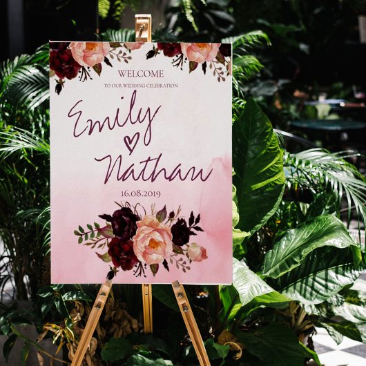 赤面ピンクブルゴーニュフローラ結婚のウェルカムポスター ポスター