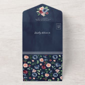 赤面ピンクブルゴーニュフローラQRコード海軍結婚ズ オールインワン招待状 (外側)