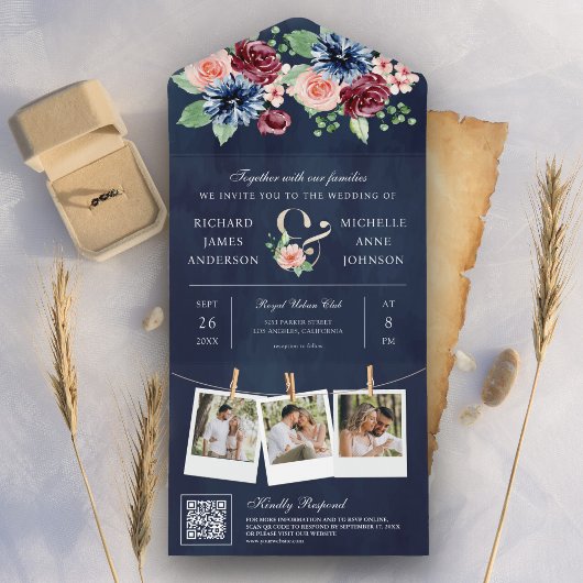 赤面ピンクブルゴーニュフローラQRコード海軍結婚ズ オールインワン招待状