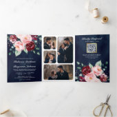 赤面ピンクブルゴーニュフローラQRコード海軍結婚ズ 三つ折り招待状 (内部)