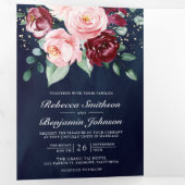 赤面ピンクブルゴーニュフローラQRコード海軍結婚ズ 三つ折り招待状 (内部最初)