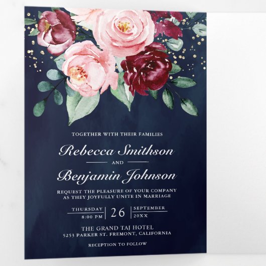 赤面ピンクブルゴーニュフローラQRコード海軍結婚ズ 三つ折り招待状 (内部最初)