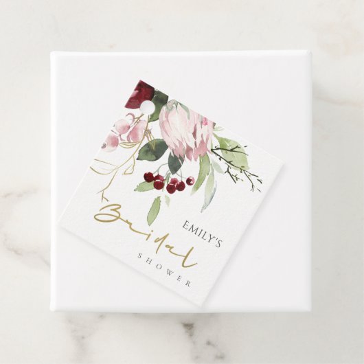 赤面ピンクブルゴーニュプロテアフローラブライダルシャワー フェイバータグ (インサイチュ)