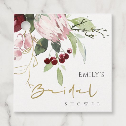 赤面ピンクブルゴーニュプロテアフローラブライダルシャワー フェイバータグ (正面)