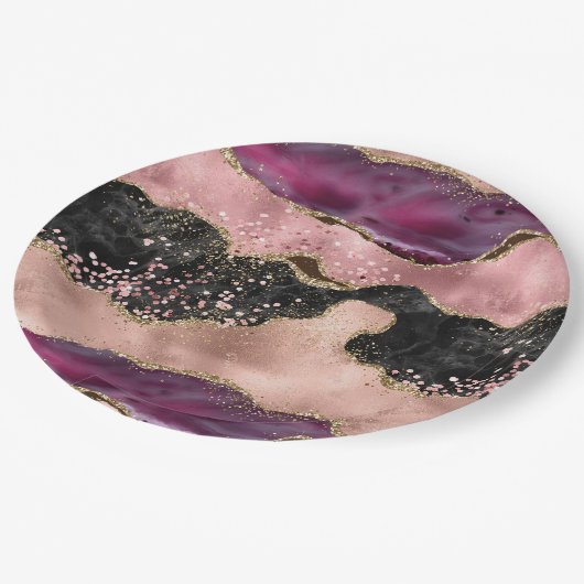 赤面ピンクブルゴーニュワイン金ゴールドブラックグリッター ペーパープレート (アングル)