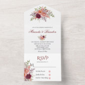 赤面ピンクブルゴーニュ水彩牡丹結婚ズ オールインワン招待状 (内側)