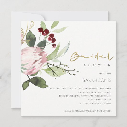 赤面ピンクブルゴーニュ牡丹フローラブライダルシャワー 招待状 (正面)