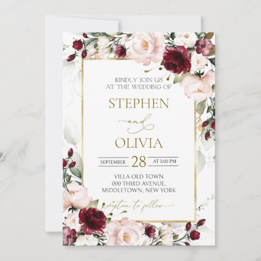 赤面ピンクブルゴーニュ結婚式招待状テンプレート 招待状 (正面)