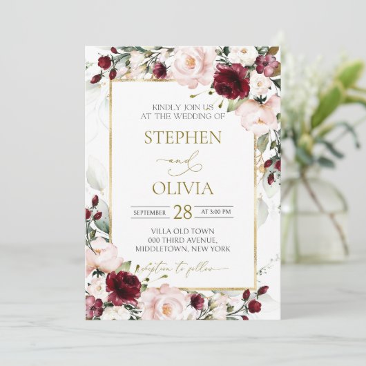 赤面ピンクブルゴーニュ結婚式招待状テンプレート 招待状 (スタンド正面)