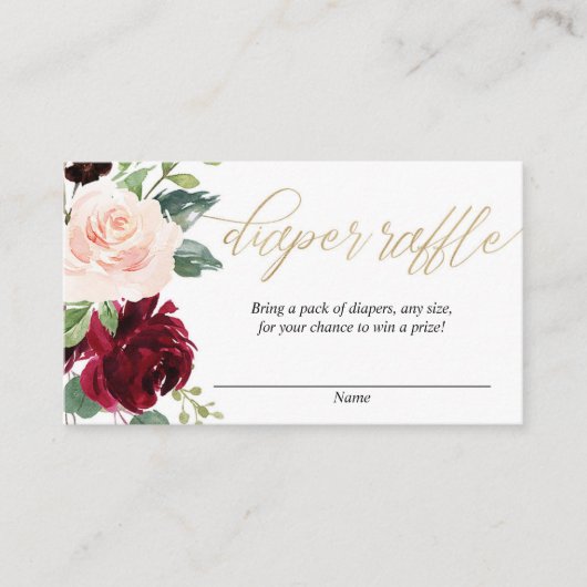 赤面ピンクブルゴーニュ金ゴールドおむつラッフルカード エンクロージャーカード (正面)