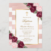 赤面ピンクブルゴーニュ金ゴールドフローラバプテスマ 招待状 (正面/裏面)