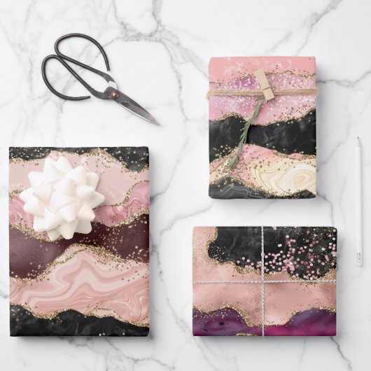 赤面ピンクブルゴーニュ金ゴールドブラックグリッター ラッピングペーパーシート (正面)