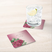 赤面ピンクブルゴーニュ金ゴールド結婚バラ葉ズ スクエアペーパーコースター (インサイチュ)