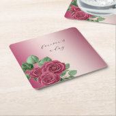 赤面ピンクブルゴーニュ金ゴールド結婚バラ葉ズ スクエアペーパーコースター (アングル)