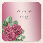 赤面ピンクブルゴーニュ金ゴールド結婚バラ葉ズ スクエアペーパーコースター (正面)