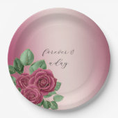 赤面ピンクブルゴーニュ金ゴールド結婚バラ葉ズ ペーパープレート (正面)