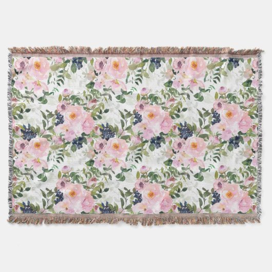 赤面ピンクブルーウォーター色フローラグリーン葉 スローブランケット (正面)