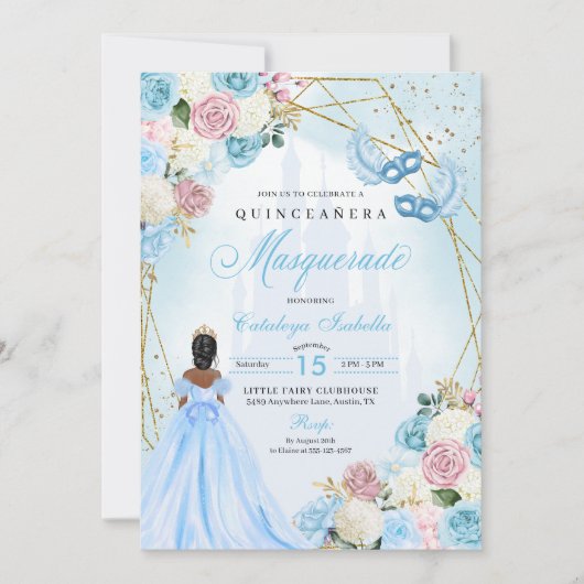 赤面ピンクブルーシンデレラマスカレードキンセアニェラ 招待状 (正面)