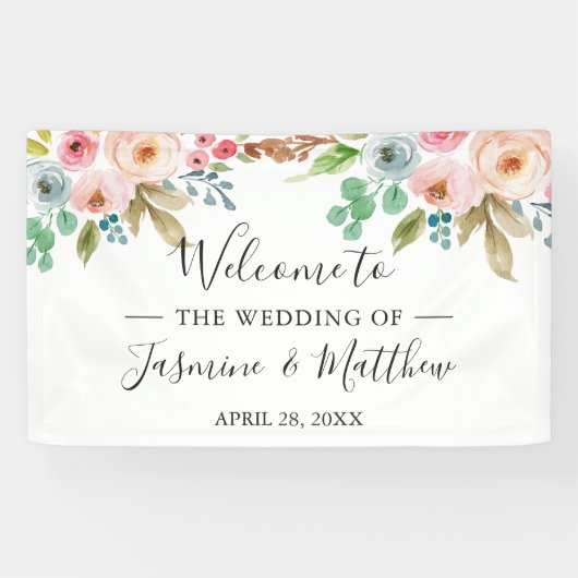 赤面ピンクブルーバラズペニーズフローラ結婚式 横断幕 (横)