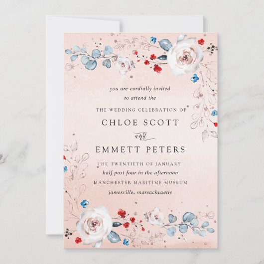 赤面ピンクブルーパステルウォーターカラーフローラルウェディング 招待状 (正面)