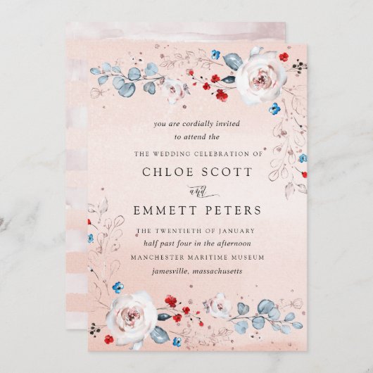 赤面ピンクブルーパステルウォーターカラーフローラルウェディング 招待状 (正面/裏面)