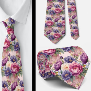 赤面ピンクブルーパープルバイオレット花フローラ ネクタイ