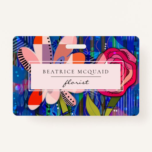 赤面ピンクブルー抽象芸術モダンフローラ バッジ (正面)