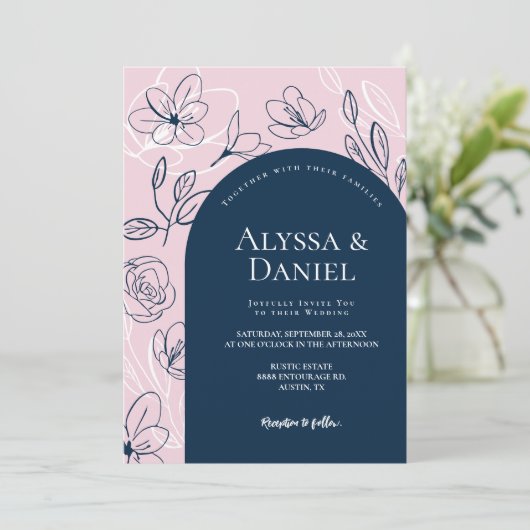 赤面ピンクブルー花模様葉ズアモダンルチデザイン 招待状 (スタンド正面)