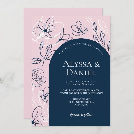 赤面ピンクブルー花模様葉ズアモダンルチデザイン 招待状 (正面/裏面)