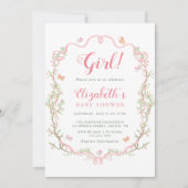 赤面ピンクブロッサムフローラガールベビーシャワー 招待状 (正面)