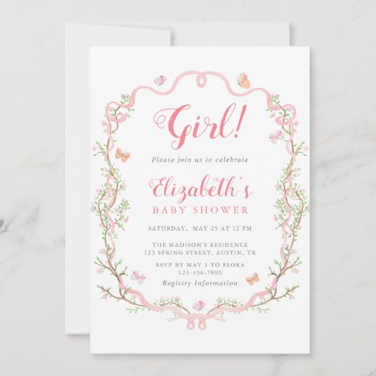 赤面ピンクブロッサムフローラガールベビーシャワー 招待状 (正面)