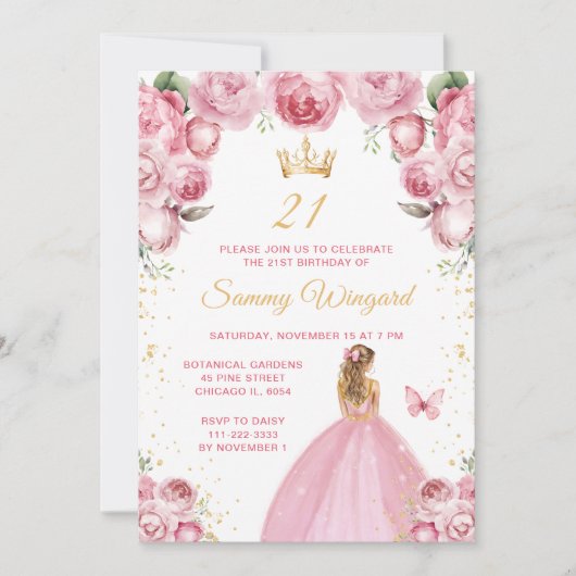 赤面ピンクブロンドヘアプリンセス誕生日パーティー 招待状 (正面)