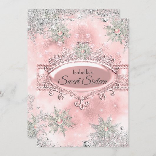 赤面ピンクプリンセスウィンターワンダーランドスウィート16 招待状 (正面/裏面)