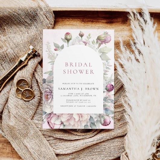 赤面ピンクプーエレガントニーフローラブライダルシャワー 招待状