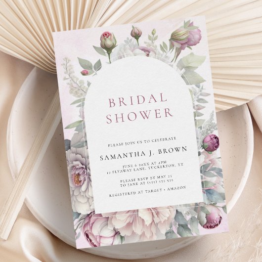 赤面ピンクプーエレガントニーフローラブライダルシャワー 招待状