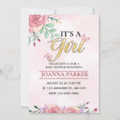 赤面ピンクベビーガールシャワーの水色 招待状 (正面)