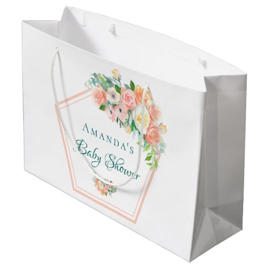 赤面ピンクベビーシャワー幾何学的フローラ銅 ラージペーパーバッグ (裏面アングル)