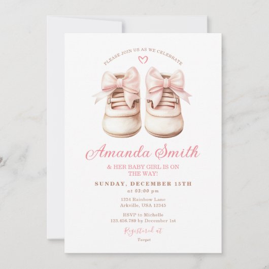 赤面ピンクベビーシューズガールボウブーティーベイビーシャワー 招待状 (正面)