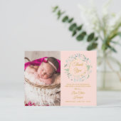 赤面ピンクベビー写真グリーンリーサンキュー誕生 案内ポストカード (スタンド正面)