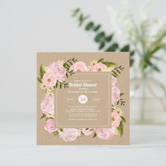 赤面ピンクペオニアクラフト紙素朴ブライダルシャワー 招待状 (スタンド正面)