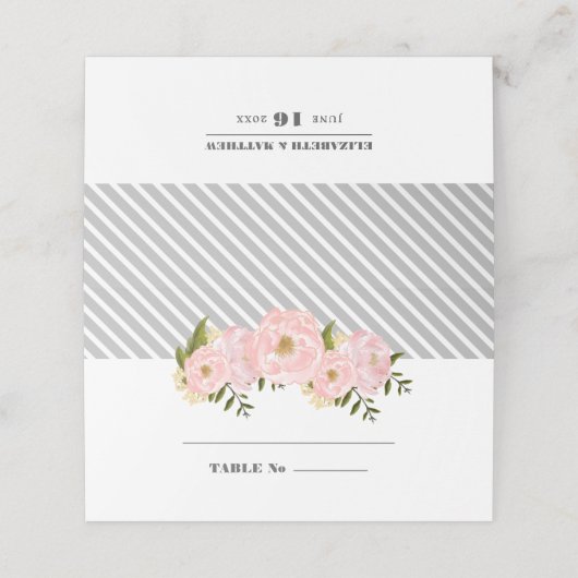 赤面ピンクペオニー |グレーストライプの結婚 プレイスカード (外部開封)