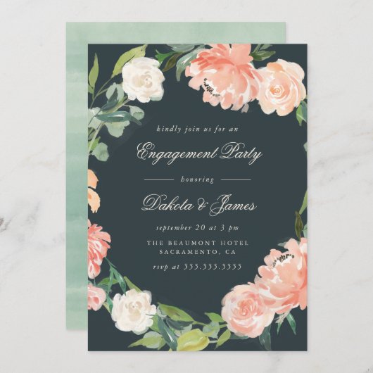 赤面ピンクペニーズ&ユーカリプタス婚約パーティ 招待状 (正面/裏面)