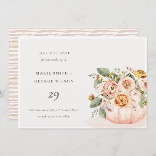 赤面ピンクホワイトカボチャフローラ日付カードを保存 サンキューカード (正面/裏面)