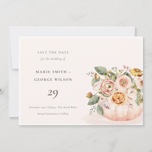 赤面ピンクホワイトカボチャフローラ日付カードを保存 サンキューカード (正面)