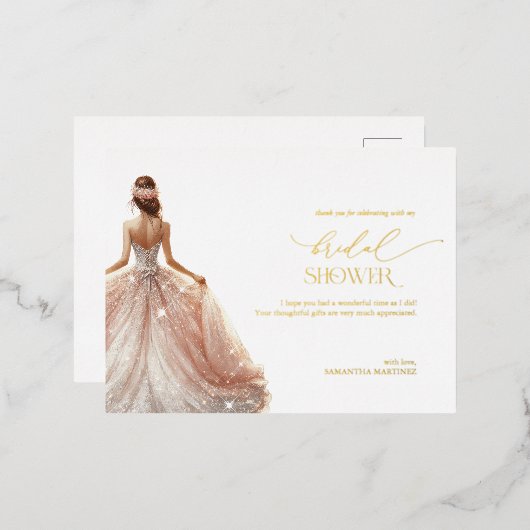 赤面ピンクホワイトグラムガウンブライダルシャワー 箔招待状ポストカード (正面/裏面)